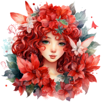 lindo fada menina com vermelho cabelo e flores digital pintura ai generativo png