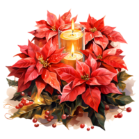 Christmas decoration with poinsettias and burning candles Watercolor illustration AI Generative png