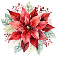 Christmas bouquet with poinsettia, holly and berries. Watercolor illustration AI Generative png