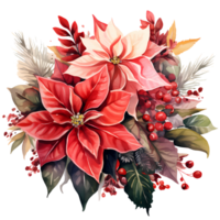 Christmas bouquet with poinsettia, holly and berries. Watercolor illustration AI Generative png