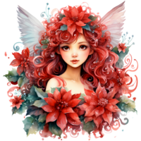 lindo fada menina com vermelho cabelo e flores digital pintura ai generativo png