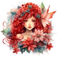 hermosa hada niña con rojo pelo y flores digital pintura ai generativo png