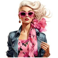 Barbie moda, hermosa rubia mujer en un retrato vistiendo un rosado de moda atuendo ai generativo foto