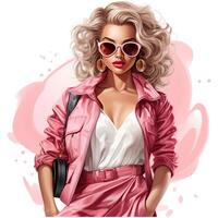 Barbie moda, hermosa rubia mujer en un retrato vistiendo un rosado de moda atuendo ai generativo foto