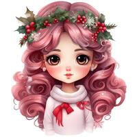 Cute little girl with long curly hair and red christmas hat, Christmas Day AI Generative photo