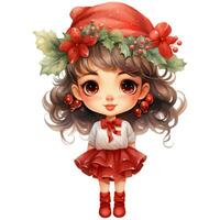 Cute little girl with long curly hair and red christmas hat, Christmas Day AI Generative photo