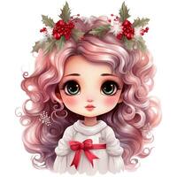 linda pequeño niña con largo Rizado pelo y rojo Navidad sombrero, Navidad día ai generativo foto