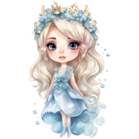 mignonne peu hiver Princesse dans une bleu robe et couronne, aquarelle illustration ai génératif png