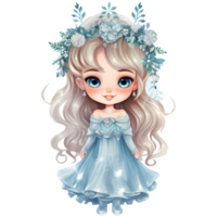 mignonne peu hiver Princesse dans une bleu robe et couronne, aquarelle illustration ai génératif png