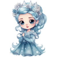 Cute little winter princess in a blue dress and crown, Watercolor illustration AI Generative png