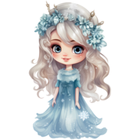 söt liten vinter- prinsessa i en blå klänning och krona, vattenfärg illustration ai generativ png