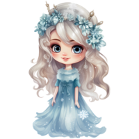 Cute little winter princess in a blue dress and crown, Watercolor illustration AI Generative png