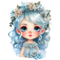 mignonne peu hiver Princesse dans une bleu robe et couronne, aquarelle illustration ai génératif png