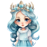 süß wenig Winter Prinzessin im ein Blau Kleid und Krone, Aquarell Illustration ai generativ png