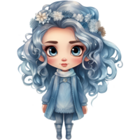 Cute little winter princess in a blue dress and crown, Watercolor illustration AI Generative png