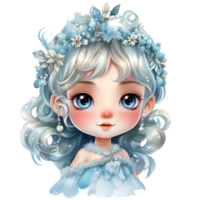 Cute little winter princess in a blue dress and crown, Watercolor illustration AI Generative png