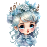 mignonne peu hiver Princesse dans une bleu robe et couronne, aquarelle illustration ai génératif png