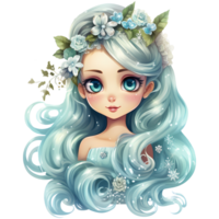 Cute little winter princess in a blue dress and crown, Watercolor illustration AI Generative png