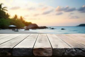 wood table top on blur beach background, can be used for display or montage your products AI Generative photo