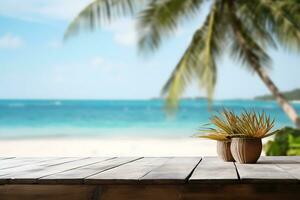 wood table top on blur beach background, can be used for display or montage your products AI Generative photo