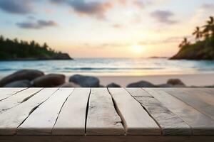 wood table top on blur beach background, can be used for display or montage your products AI Generative photo