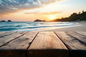 wood table top on blur beach background, can be used for display or montage your products AI Generative photo