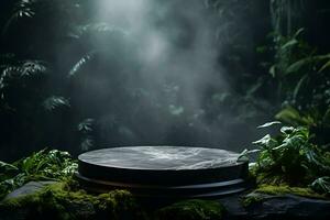 A round podium with smoke on a rainforest backdrop, can be used for display or montage your products AI Generative photo