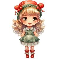 Cute little girl with red christmas costume and Holly wreath AI Generative photo