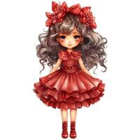 Cute little girl with red christmas costume and Holly wreath AI Generative photo