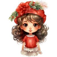 Cute little girl with red christmas costume and Holly wreath AI Generative photo