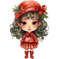 linda pequeño niña con rojo Navidad disfraz y acebo guirnalda ai generativo foto