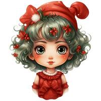 Cute little girl with red christmas costume and Holly wreath AI Generative photo