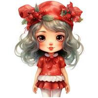 Cute little girl with red christmas costume and Holly wreath AI Generative photo