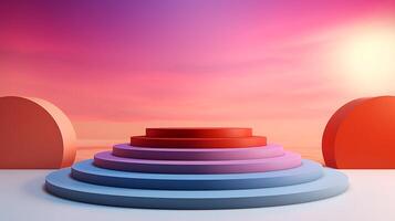 a stair-step podium set against a vibrant gradient backdrop. 3d render AI Generative photo