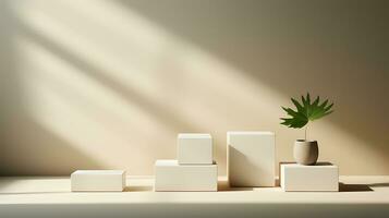 3D render, abstract minimal scene with geometrical forms, palm leaves, podium for product presentation AI Generative photo
