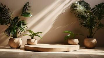 3D render, abstract minimal scene with geometrical forms, palm leaves, podium for product presentation AI Generative photo
