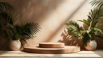 3D render, abstract minimal scene with geometrical forms, palm leaves, podium for product presentation AI Generative photo