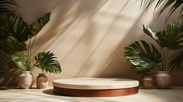 3D render, abstract minimal scene with geometrical forms, palm leaves, podium for product presentation AI Generative photo