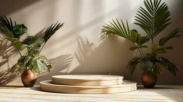 3D render, abstract minimal scene with geometrical forms, palm leaves, podium for product presentation AI Generative photo