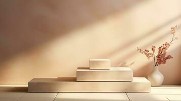 3D render, abstract minimal scene with geometrical forms, palm leaves, podium for product presentation AI Generative photo