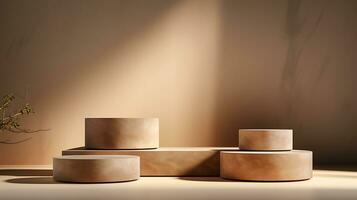 3D render, abstract minimal scene with geometrical forms, palm leaves, podium for product presentation AI Generative photo