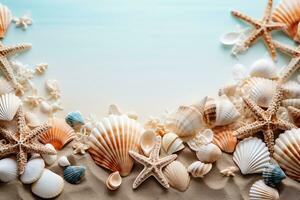 Summer background with seashells and starfish on a sandy beach Copy space AI Generative photo