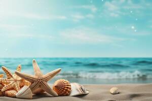 verano antecedentes con conchas marinas y estrella de mar en un arenoso playa Copiar espacio ai generativo foto