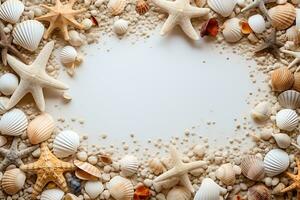 Frame made of seashells and starfish on sand background AI Generative photo