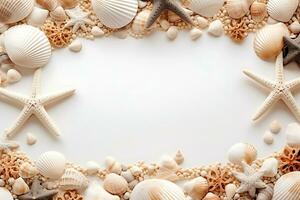 Frame made of seashells and starfish on sand background AI Generative photo