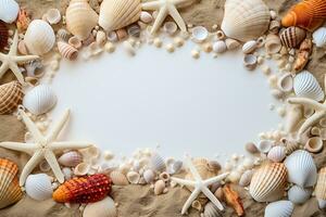Frame made of seashells and starfish on sand background AI Generative photo