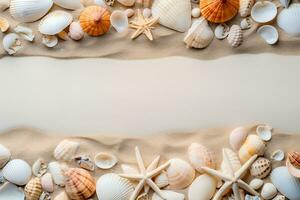 marco hecho de conchas marinas y estrella de mar en arena antecedentes ai generativo foto