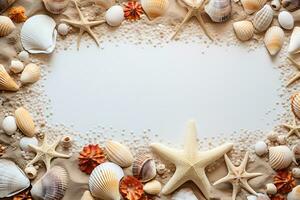 Frame made of seashells and starfish on sand background AI Generative photo