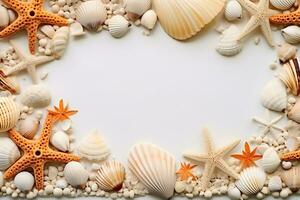 Frame made of seashells and starfish on sand background AI Generative photo