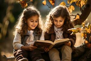 un niño es leyendo un libro en otoño parque. linda niños teniendo divertido al aire libre ai generativo foto